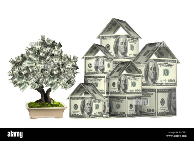 arbre avec billets et maison en arriere plan