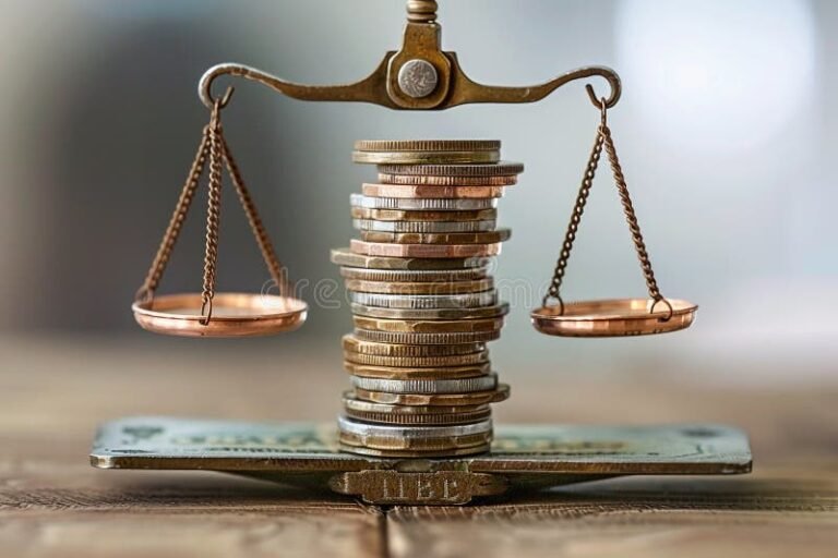 balance de justice avec pieces de monnaie empilees