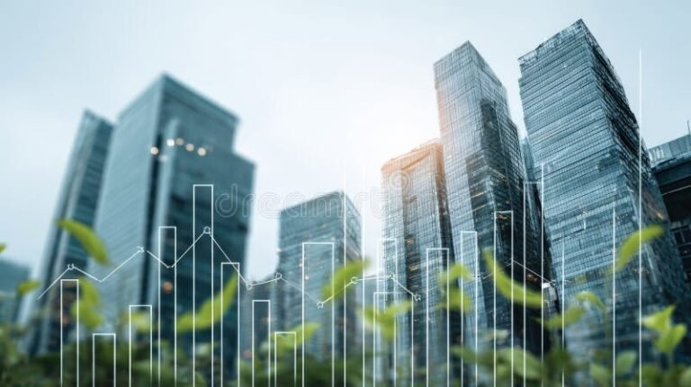 batiments modernes avec graphique de croissance verte