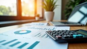 bureau moderne avec documents financiers et calculatrice