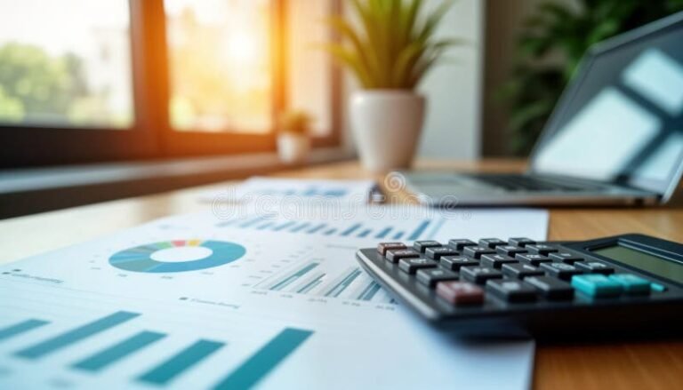 bureau moderne avec documents financiers et calculatrice