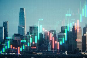 gratte ciel modernes avec graphiques financiers transparents