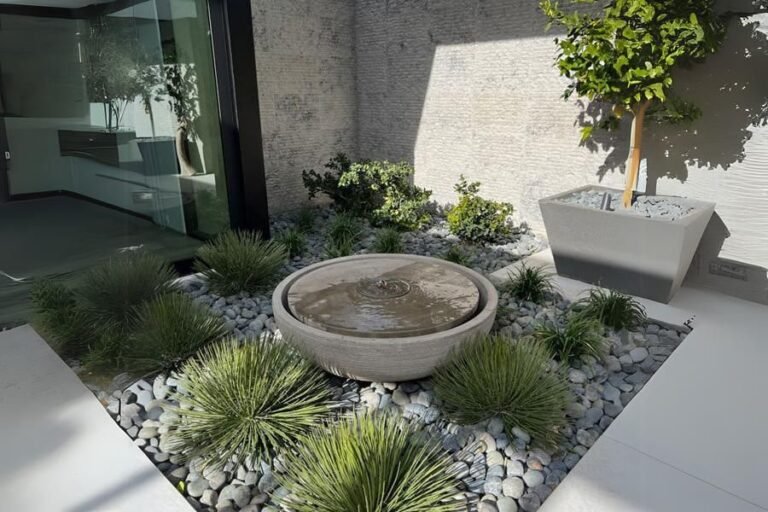 jardin amenage avec plantes et fontaine moderne