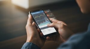 jeune investisseur analysant une application bancaire mobile