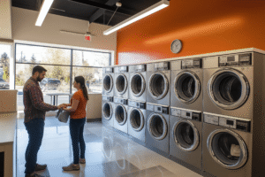 laverie automatique moderne avec clients satisfaits