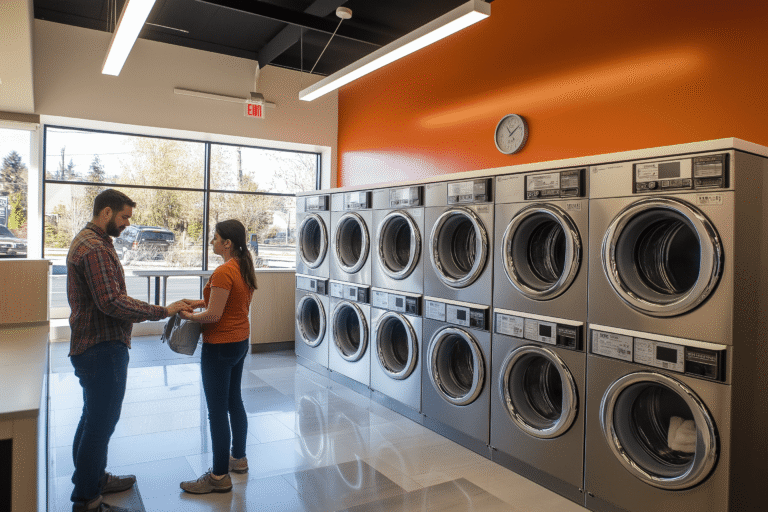 laverie automatique moderne avec clients satisfaits