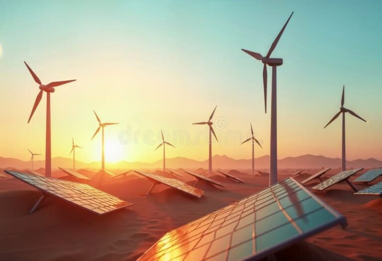 panneaux solaires et eoliennes au lever du soleil