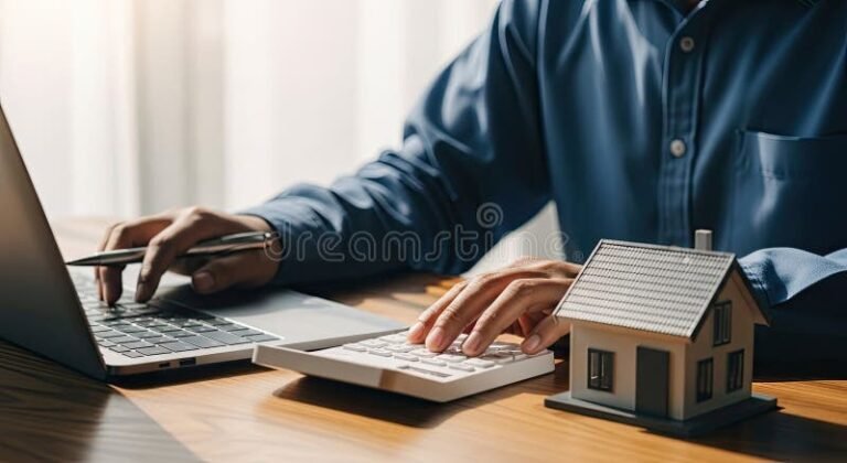 personne calculant son pret immobilier sur ordinateur