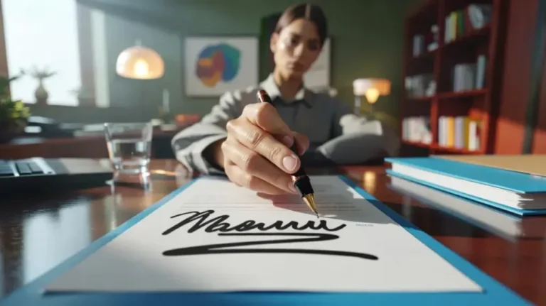 Qu'est-ce qu'une Attestation de Responsabilité Civile Individuelle 42 personne signant un document avec assurance