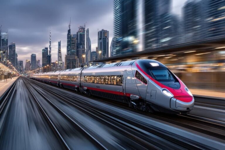 train rapide traversant paysage urbain moderne